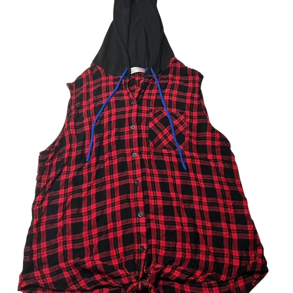 Sleeveless Plaid Hoodie Red Black Flannel No Boundaries Grunge XL